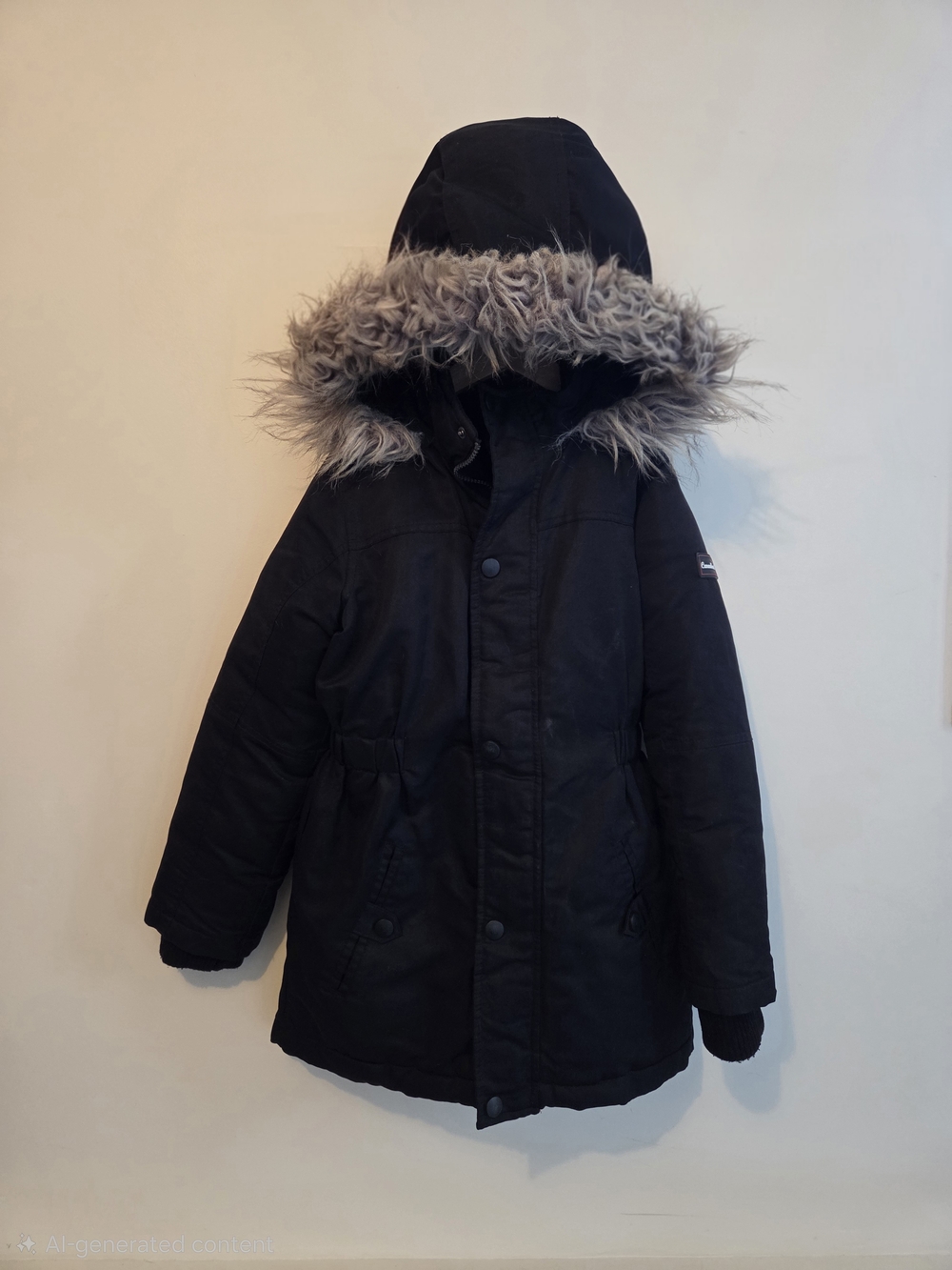 Canadiana Hooded Puffer Parka with Faux Fur Trim - Black